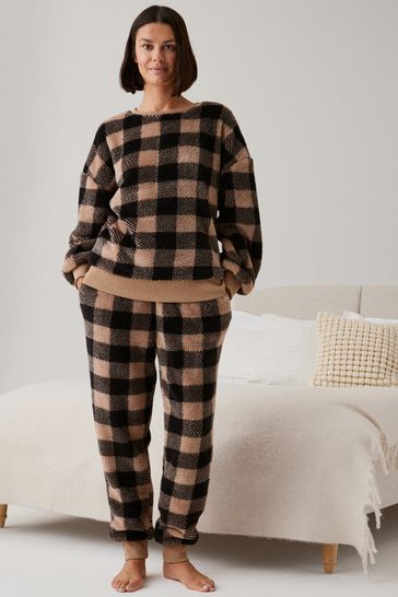 Buy Neutral Check Matching Family Womens Cosy Fleece Pyjamas from Next Luxembourg