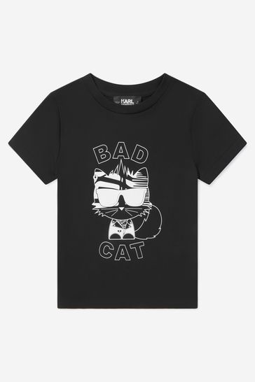 Boys Organic Cotton Bad Cat Print T-Shirt in Black