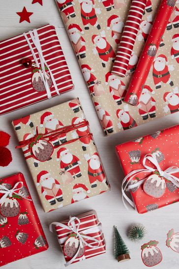 Set of 3 Red Santa & Puds Christmas Wrapping Papers With Accessories