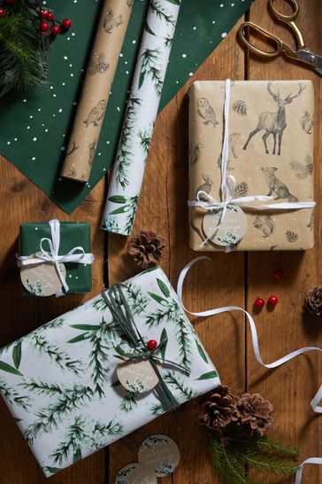 Set of 3 Green/White Forest Christmas Wrapping Papers With Accessories