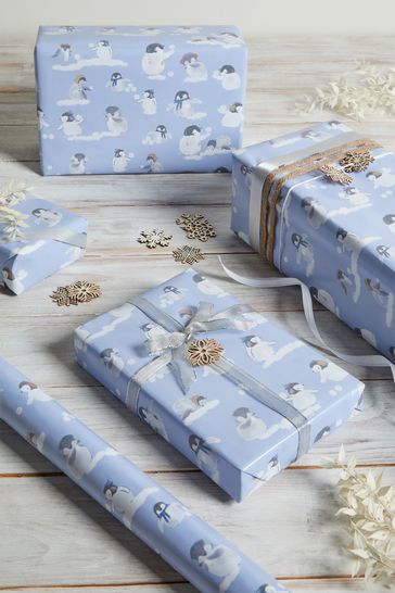 Teal Blue Penguins Next Extra Wide 10 Metre Wrapping Paper