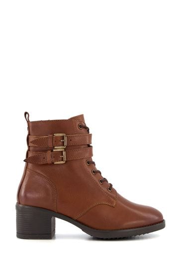 Dune London Brown Wide Fit Paxan Buckle Detail Heeled Ankle Boots