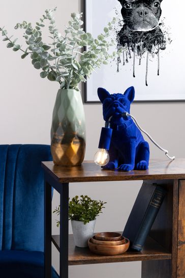 BHS Blue Fred Flocked Frenchie Table Lamp