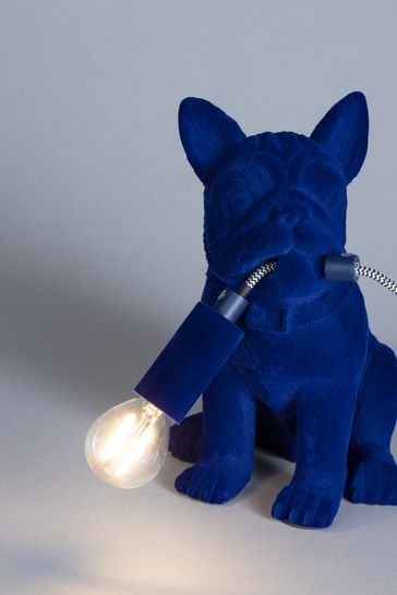 BHS Blue Fred Flocked Frenchie Table Lamp