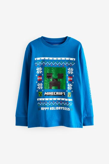 Blue Minecraft Christmas Long Sleeve Flippy Sequin License T-Shirt (3-16yrs)