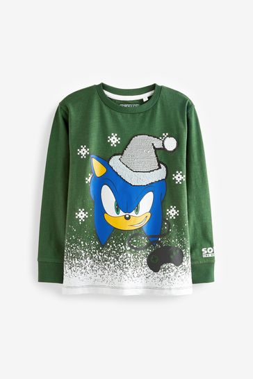Forest Green Sonic Christmas Long Sleeve Flippy Sequin License T-Shirt (3-16yrs)