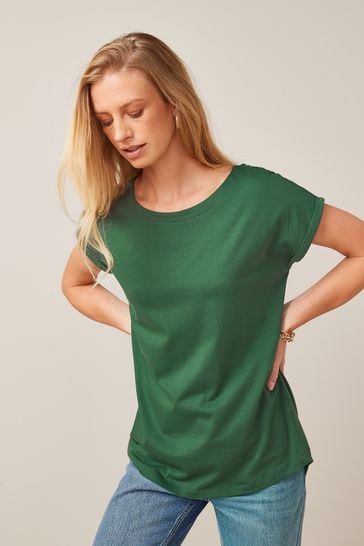 Dark Green 100% Cotton Round Neck Cap Sleeve T-Shirt
