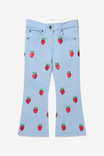 Girls Cotton Denim Strawberry Jeans in Blue