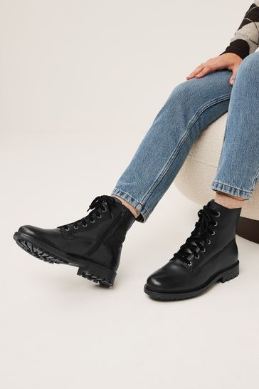 Black Extra Wide Fit Leather Chunky Lace Up Boots