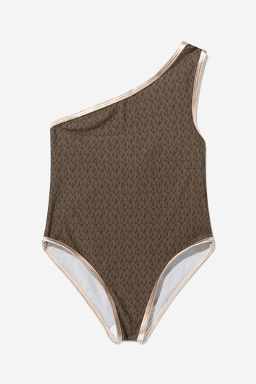 Girls All Over Logo One Strap Swimsuit in Brown
