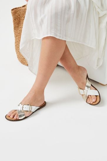 White/Silver Forever Comfort® Cross Strap Buckle Mules
