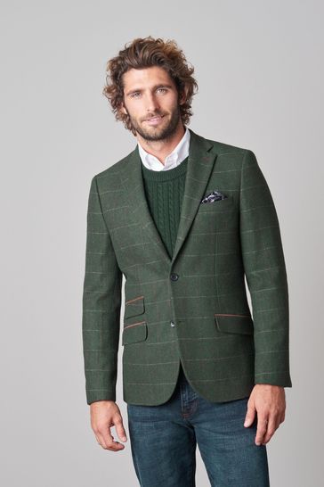 Green Herringbone Check Wool Blend Blazer