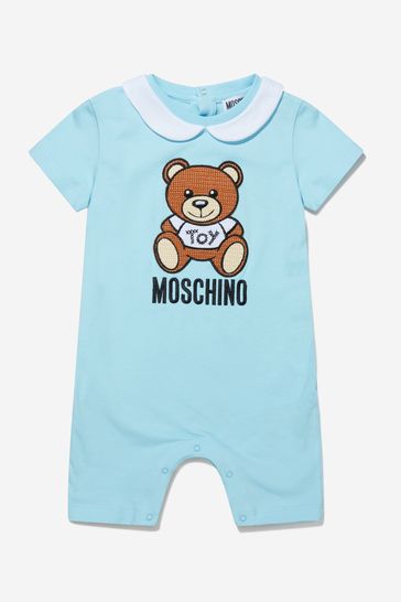 Baby Boys Cotton Teddy Toy Romper In A Gift Box in Blue