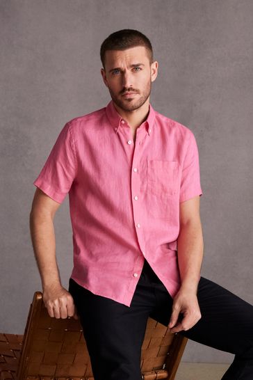 Pink Standard Collar Signature 100% Linen Short Sleeve Shirt