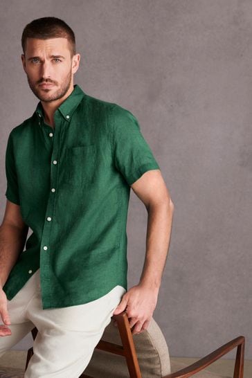 Green Standard Collar Signature 100% Linen Short Sleeve Shirt