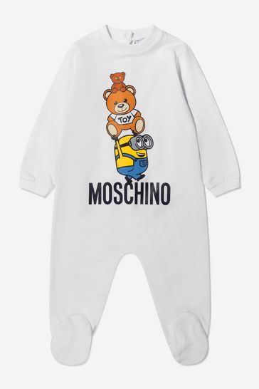 Baby Unisex Cotton Teddy Toy And Minion Babygrow in White