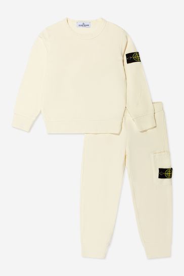 Boys Cotton Branded Tracksuit in Cream