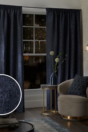 Navy Blue Heavyweight Chenille Pencil Pleat Lined Curtains