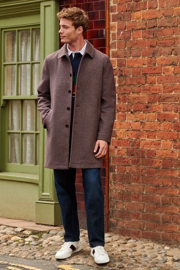 Brown Dogtooth Signature Italian Wool Car Coat