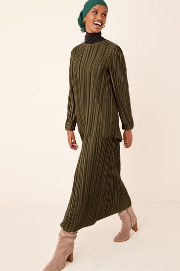 Buy Khaki Green Satin Plisse Layered Longline Dress from Next Germany