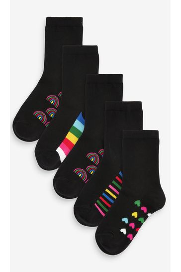 Black Rainbow 5 Pack Cotton Rich Footbed Ankle School Socks