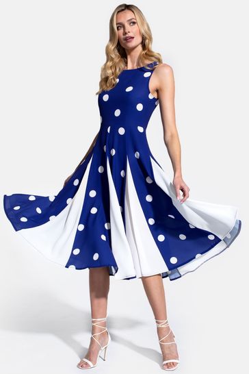 Hot Squash Womens Navy Polka Dot Pleat Midi Dress with Contrast Skirt