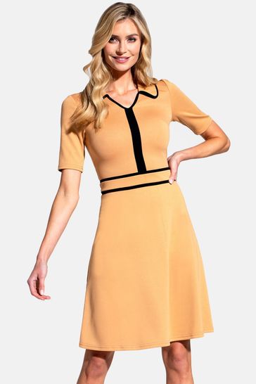 Buy HotSquash Brown Contrast Piping Dress with Flared Skirt from