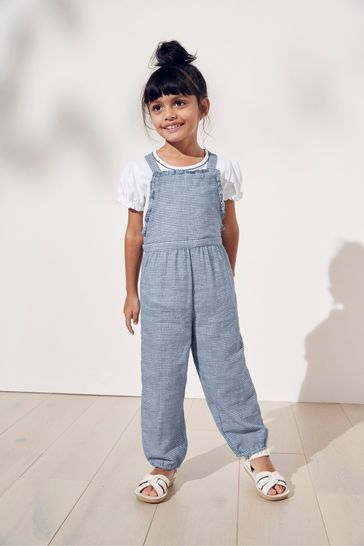 The White Company Girls Blue Jeannie Check Dungaree & Top Set