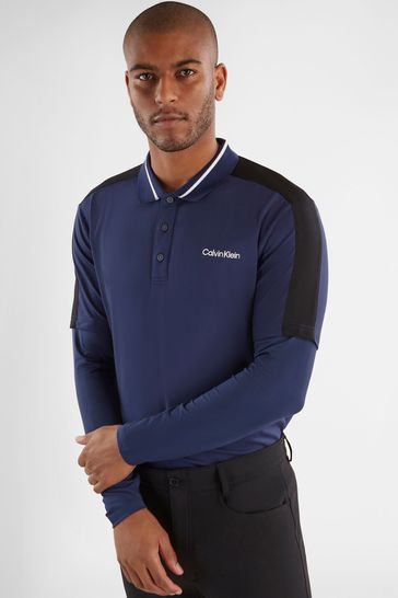 Buy Calvin Klein Golf Blue Evans Hybrid Logo Sleeve Polo Shirt