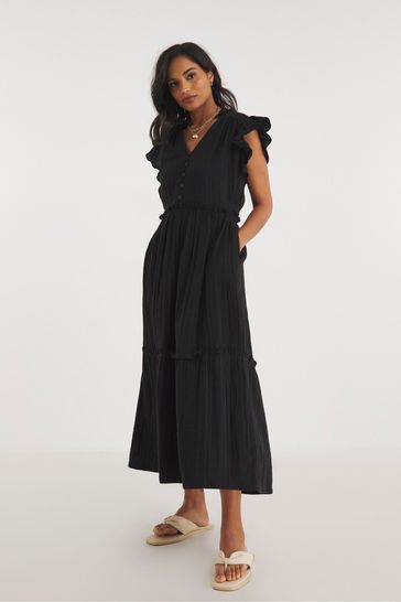 JD Williams Cheesecloth Smock Black Dress with Shirred Back