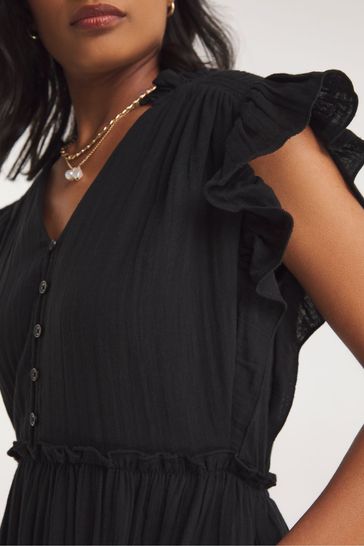 JD Williams Cheesecloth Smock Black Dress with Shirred Back