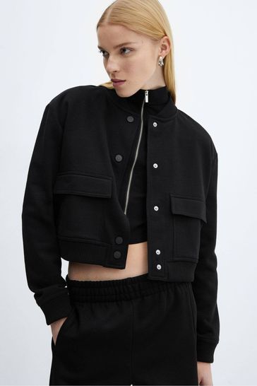 Mango Black Cotton Bomber Jacket