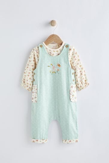 Green Duck and floral Baby 2 Piece Woven Dungarees And Bodysuit (0mths-3yrs)