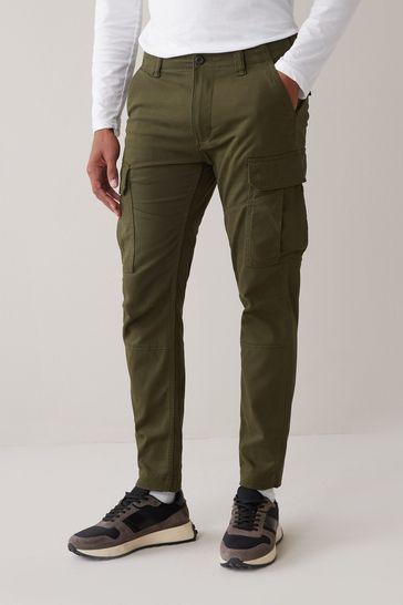 Khaki Green Slim Fit Cotton Stretch Cargo Trousers
