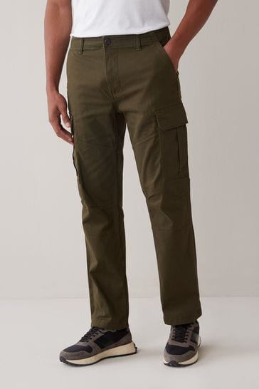 Khaki Green Cotton Stretch Straight Fit Cargo Trousers