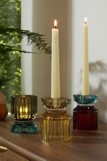 Set of 3 Multi Ribbed Glass Tealight and Taper Candle Holders