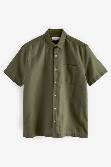 Dark Green Standard Collar Linen Blend Short Sleeve Shirt