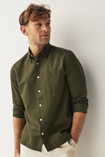 Green Linen Blend Long Sleeve Shirt
