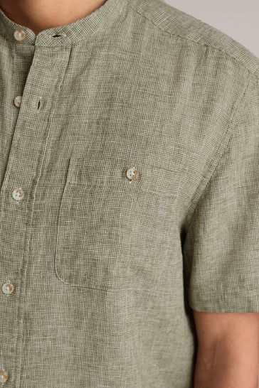 Green Linen Blend Short Sleeve Tie Front Shirt