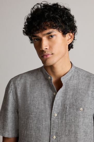 Grey Grandad Collar Linen Blend Short Sleeve Shirt