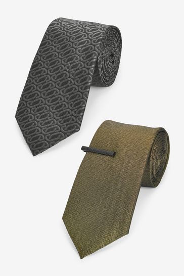 Black Geometric/Yellow Gold Glitter Textured Tie With Tie Clip 2 Pack