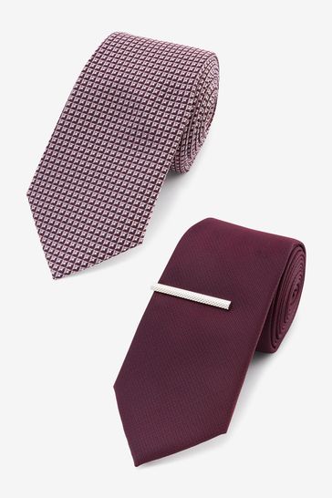 Pink/Burgundy Red Textured Tie With Tie Clips 2 Pack