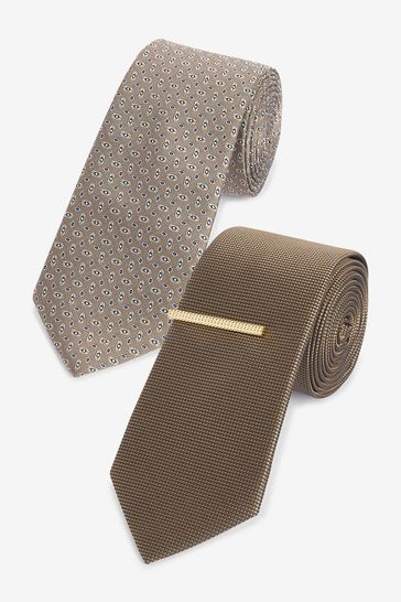 Neutral Brown Textured Tie With Tie Clips 2 Pack
