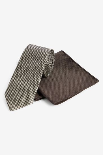 Neutral Brown Slim Tie And Pocket Square Set
