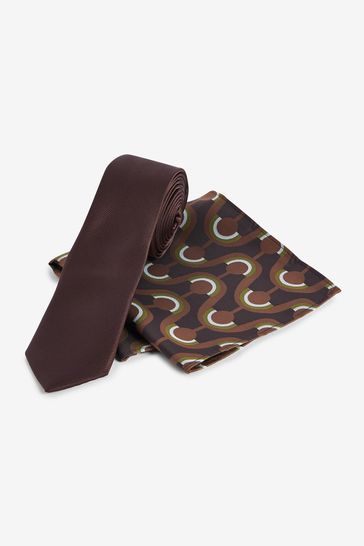 Chocolate Brown Slim Tie And Geometric Pocket Square Set