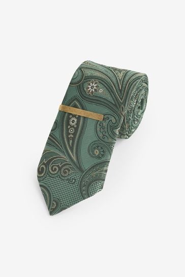 Sage Green Paisley Slim Pattern Tie And Tie Clip