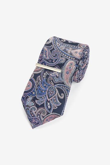 Blue Navy/Pink Paisley Pattern Tie And Tie Clip