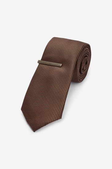 Brown Slim Textured Tie And Clip Set