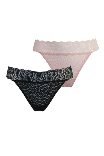 Pour Moi Black Leopard Lace V Thongs 2 Pack