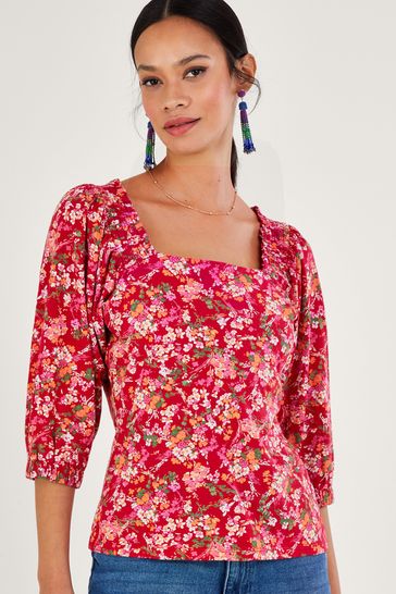 Monsoon Red Ditsy Floral Print Top in Linen Blend
